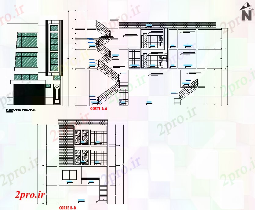 دانلود نقشه مسکونی ، ویلایی ، آپارتمان نما و برنامه ریزی بخش خانه جزئیات 7 در 17 متر (کد74576)