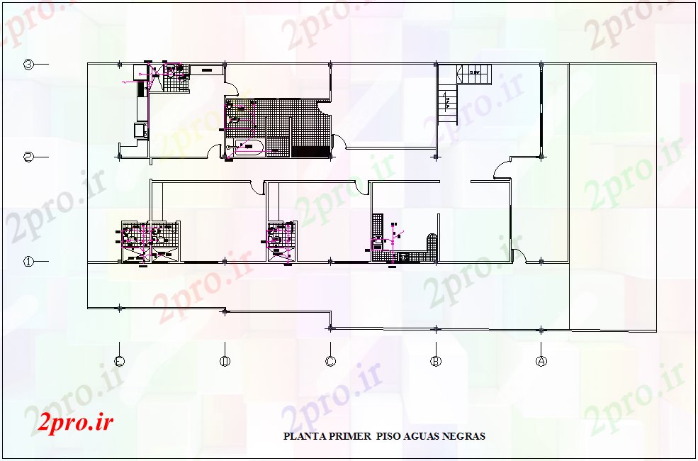 دانلود نقشه جزئیات لوله کشی طرحی خط آب تخلیه برای پان مسکن طبقه اول با منظره های معماری (کد74584)