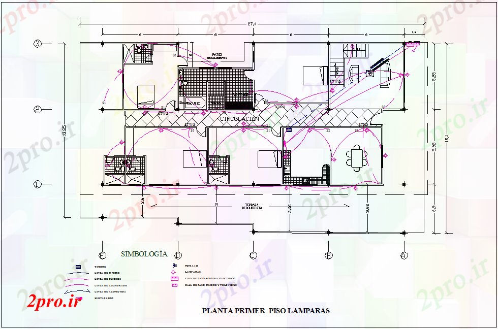 دانلود نقشه طراحی داخلی طرحی طبقه اول از نظر الکتریکی با لامپ برای مسکن (کد74617)