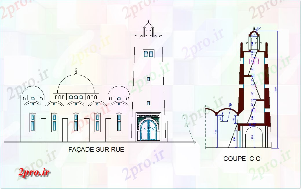 دانلود نقشه کلیسا - معبد - مکان مذهبی نما مسجد و بخش دیدگاه با طراحی معماری    (کد74640)