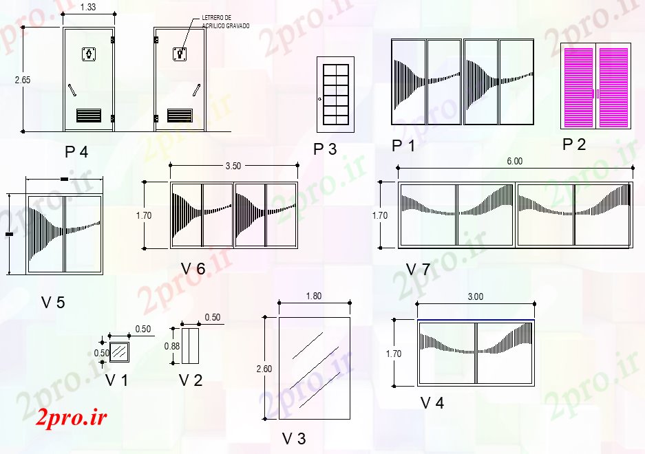 دانلود نقشه درب و پنجره درب جزئیات و بیرون ریختن نما جزئیات 36 در 43 متر (کد74738)