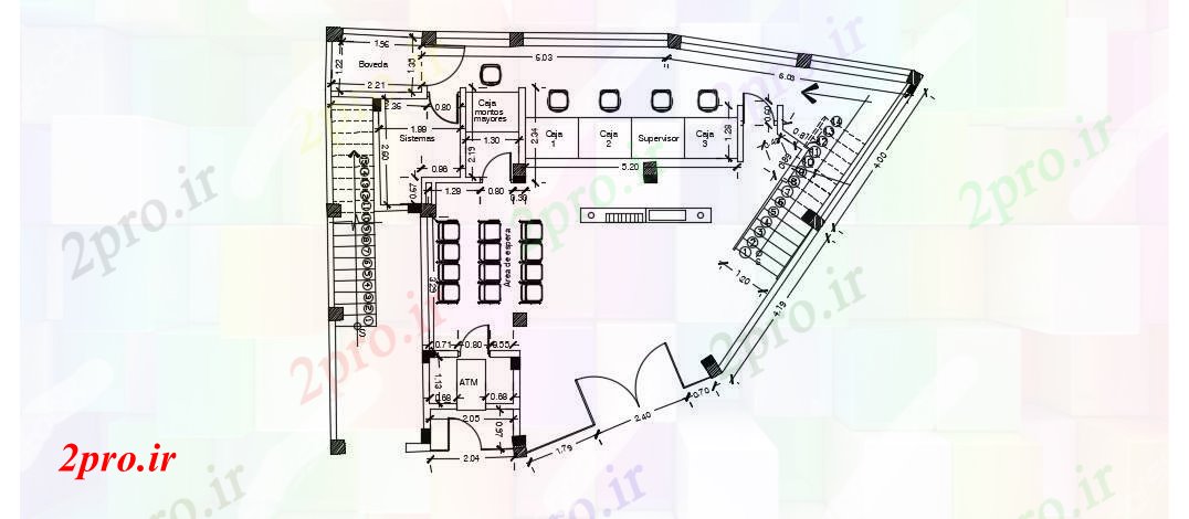 دانلود نقشه ساختمان اداری - تجاری - صنعتی بانک طرحی طبقه همکف 10 در 15 متر (کد74887)