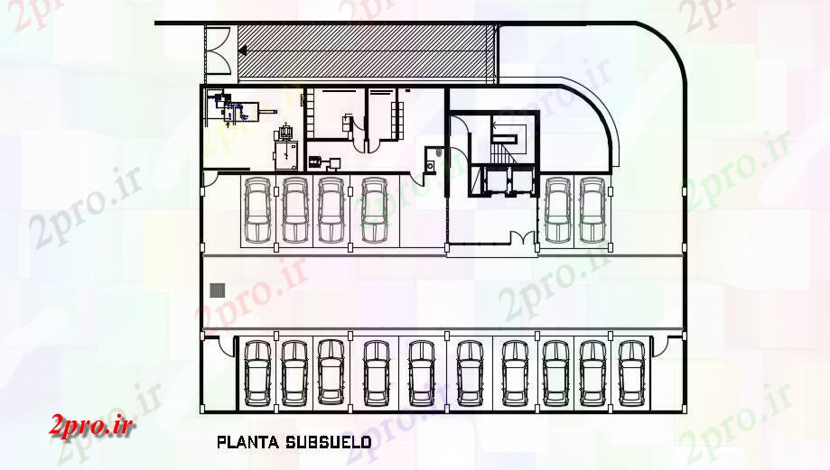 دانلود نقشه ساختمان اداری - تجاری - صنعتی پارکینگ طرحی چیدمان 22 در 32 متر (کد74896)