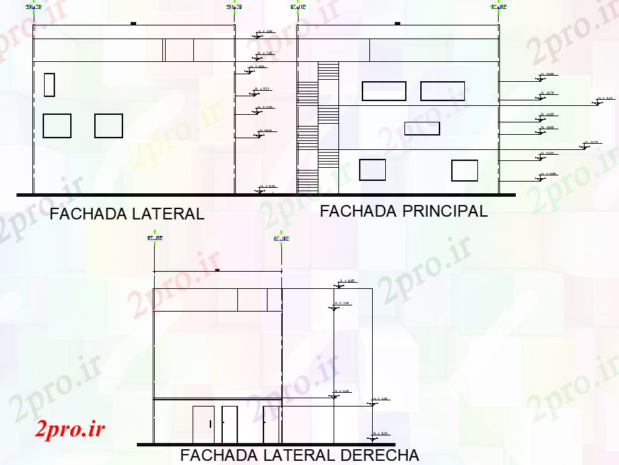 دانلود نقشه ساختمان اداری - تجاری - صنعتی نما ساختمان از سه سطح برنامه ریزی جزئیات 7 در 11 متر (کد74925)