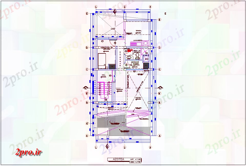 دانلود نقشه آپارتمان یک طبقه طرحی پشت بام تک دان آپارتمان 7 در 15 متر (کد74952)