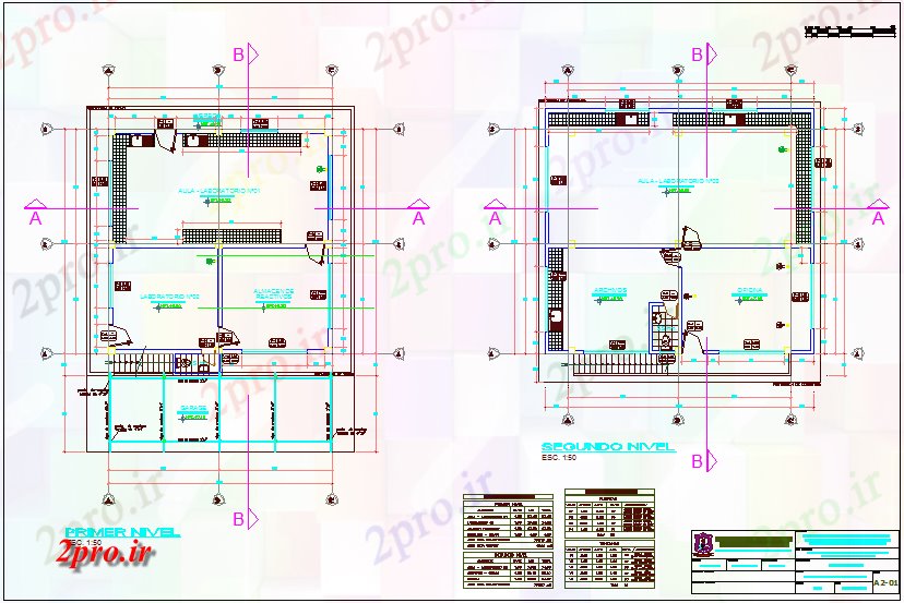دانلود نقشه فضای داخلی آموزش آزمایشگاه اول و طرحی طبقه دوم با  جزئیات (کد74970)