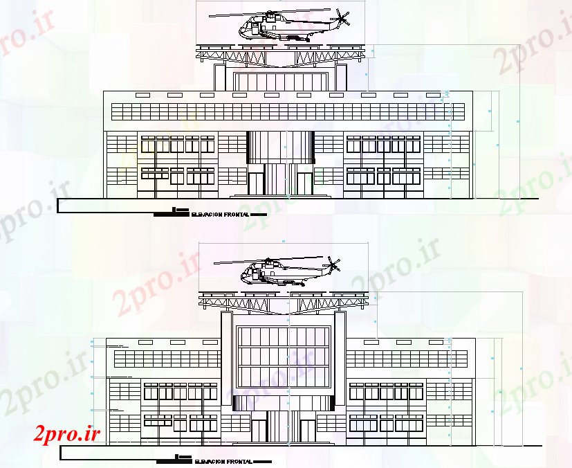دانلود نقشه ساختمان اداری - تجاری - صنعتی نما از نهادی ساخت با طرحی فرودگاه هلیکوپتر جزئیات 12 در 38 متر (کد75088)