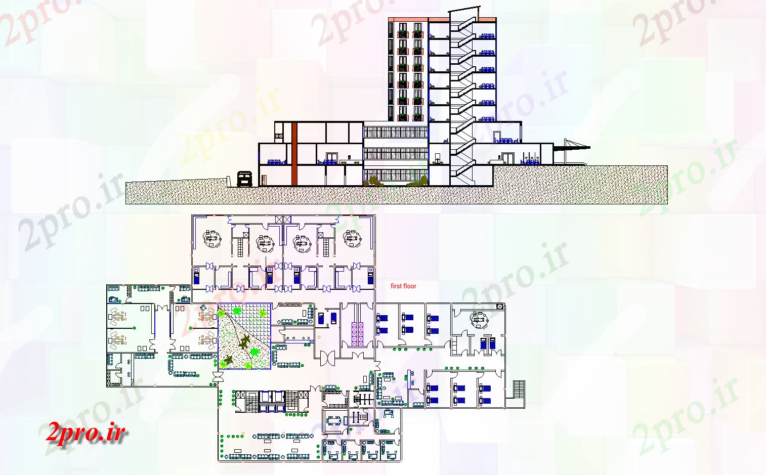 دانلود نقشه بیمارستان عمومی طبقه اول طرحی جزئیات 29 در 53 متر (کد75154)