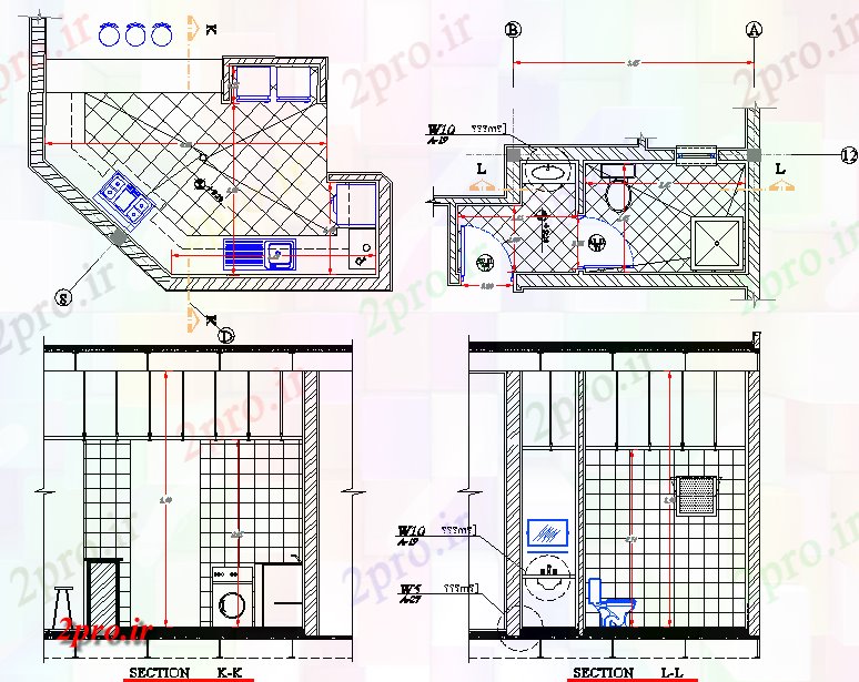 دانلود نقشه مسکونی ، ویلایی ، آپارتمان آشپزخانه و توالت طرحی جزئیات 19 در 20 متر (کد75208)