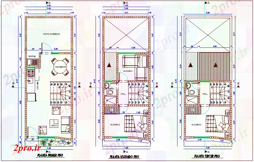 دانلود نقشه مسکونی ، ویلایی ، آپارتمان کلمبیا مسکن مقرون به صرفه کف توسعه 3 در 6 متر (کد75238)