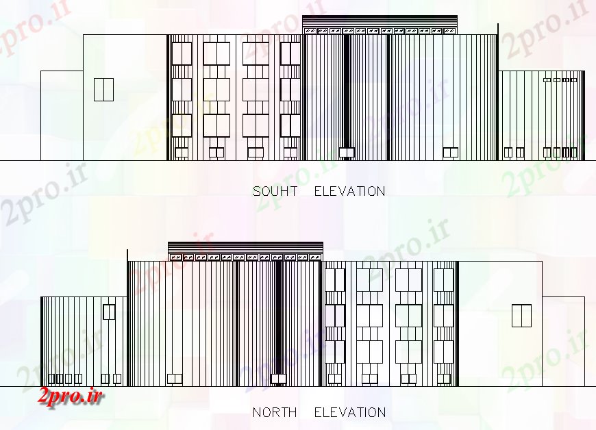 دانلود نقشه ساختمان اداری - تجاری - صنعتی نما شمال و جنوب طرحی نما جزئیات (کد75399)