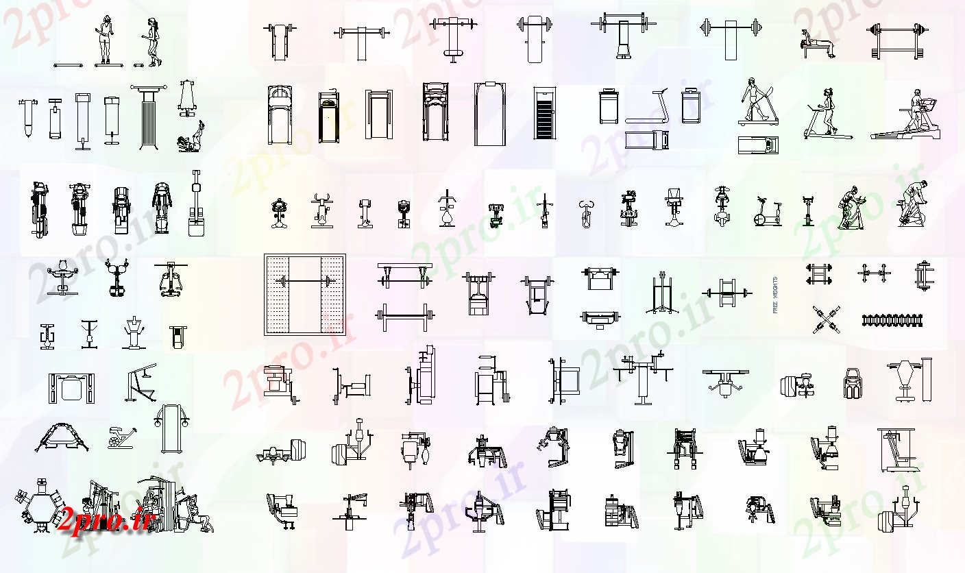 دانلود نقشه بلوک ، آرام ، نماد تجهیزات سالن های بدنسازی  طرحی جزئیات (کد75444)
