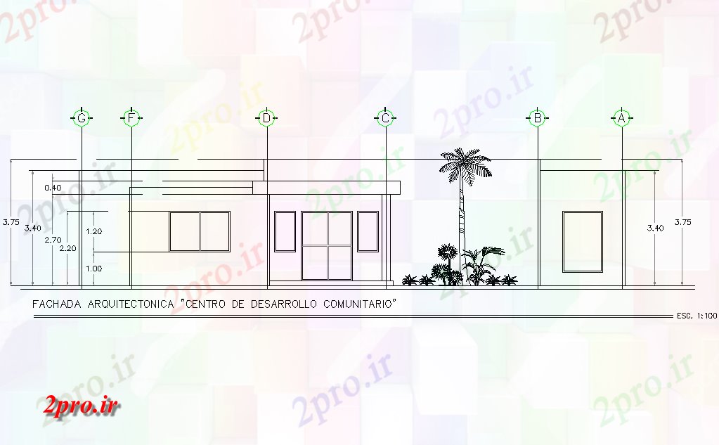 دانلود نقشه ساختمان اداری - تجاری - صنعتی جبهه نمای جزئیات مرکز توسعه جامعه 38 در 161 متر (کد75537)