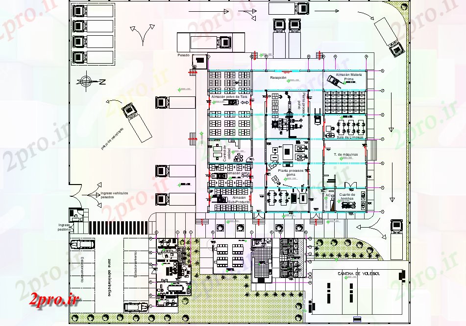 دانلود نقشه ساختمان اداری - تجاری - صنعتی پردازش جزئیات بوته، کامیون و جزئیات پارکینگ ماشین 43 در 47 متر (کد75578)