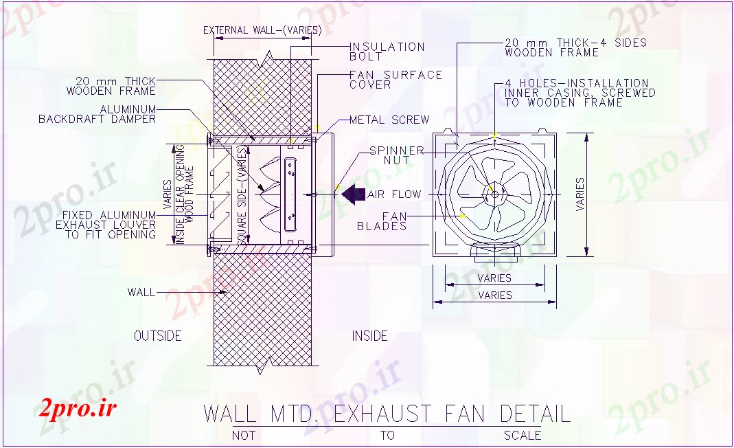 دانلود نقشه ماشین الات کارخانه اگزوز فن با دیوار  فرم با فن طرحی نصب  (کد75588)