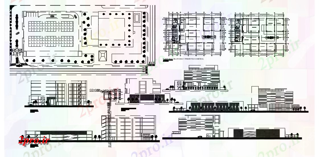 دانلود نقشه ساختمان اداری - تجاری - صنعتی دفتر برج و جزئیات پارکینگ 42 در 67 متر (کد75604)