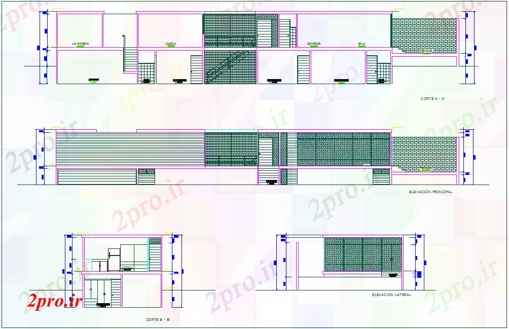 دانلود نقشه مسکونی ، ویلایی ، آپارتمان نما و بخش نظر خانه 8 در 30 متر (کد75688)