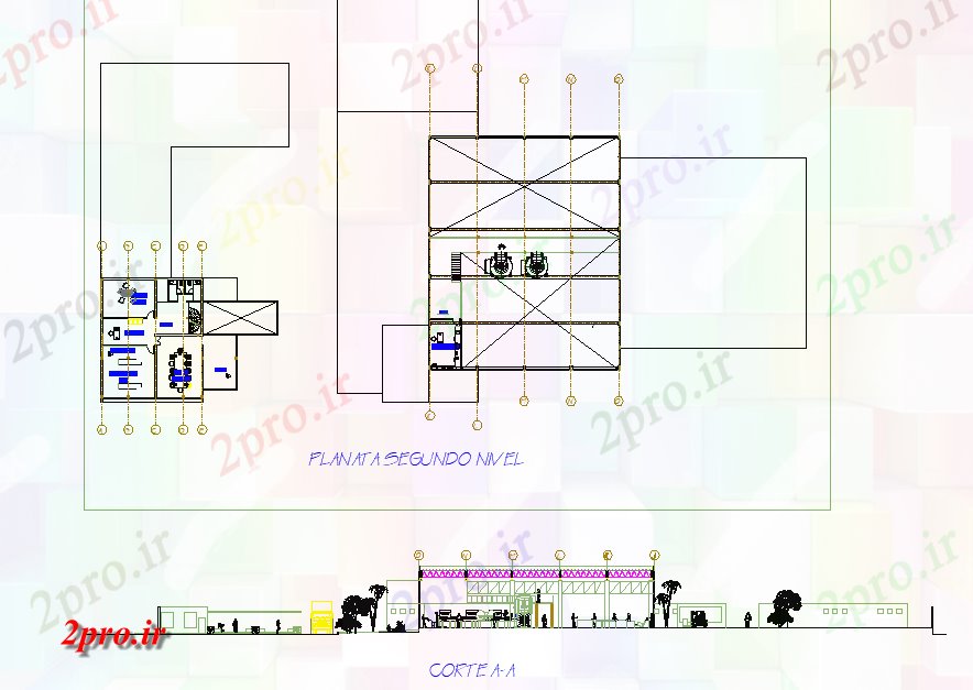 دانلود نقشه کارخانه صنعتی  ، کارگاه طبقه دوم طرحی طبقه کارخانه فرآوری مواد غذایی جزئیات (کد75705)