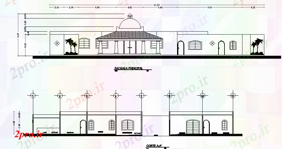 دانلود نقشه ساختمان اداری - تجاری - صنعتی طراحی نمای از یک ساختمان 21 در 30 متر (کد75792)