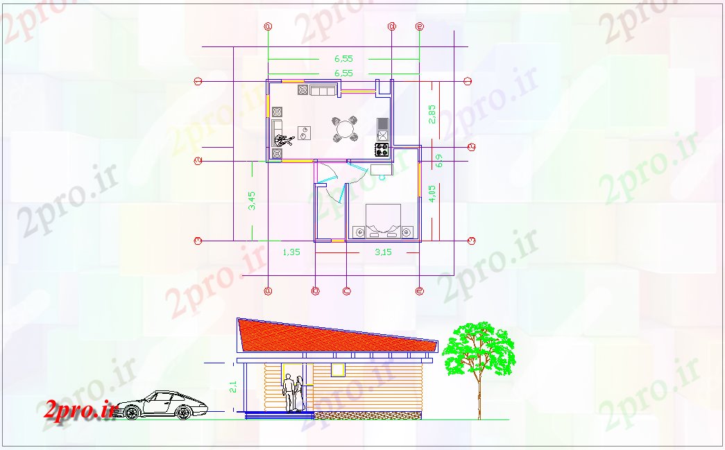 دانلود نقشه مسکونی ، ویلایی ، آپارتمان طرحی و نما خانه کابین دیدگاه معماری 7 در 7 متر (کد75863)