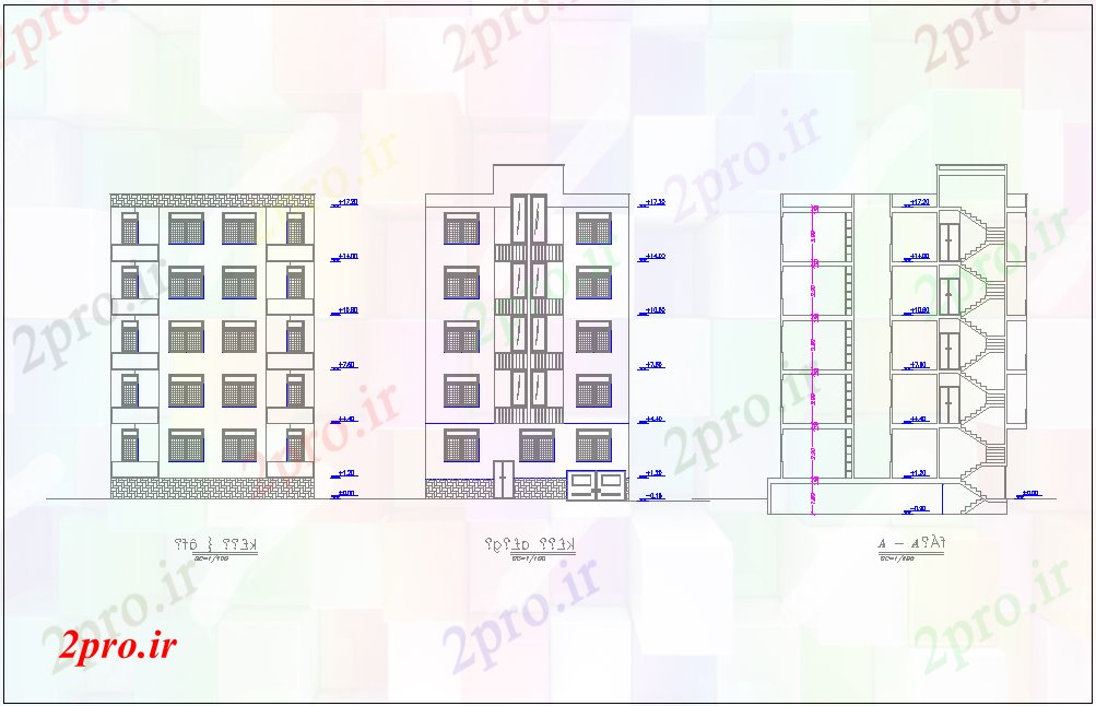 دانلود نقشه مسکونی ، ویلایی ، آپارتمان نما و بخش مسکن ساختمان 12 در 14 متر (کد75972)