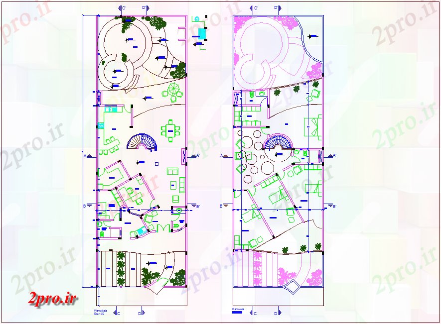 دانلود نقشه مسکونی ، ویلایی ، آپارتمان بالا و پایین طرحی دایره خانه 10 در 18 متر (کد76021)