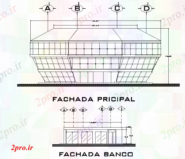 دانلود نقشه ساختمان اداری - تجاری - صنعتی نمای تجاری الماس مربع 34 در 34 متر (کد76057)