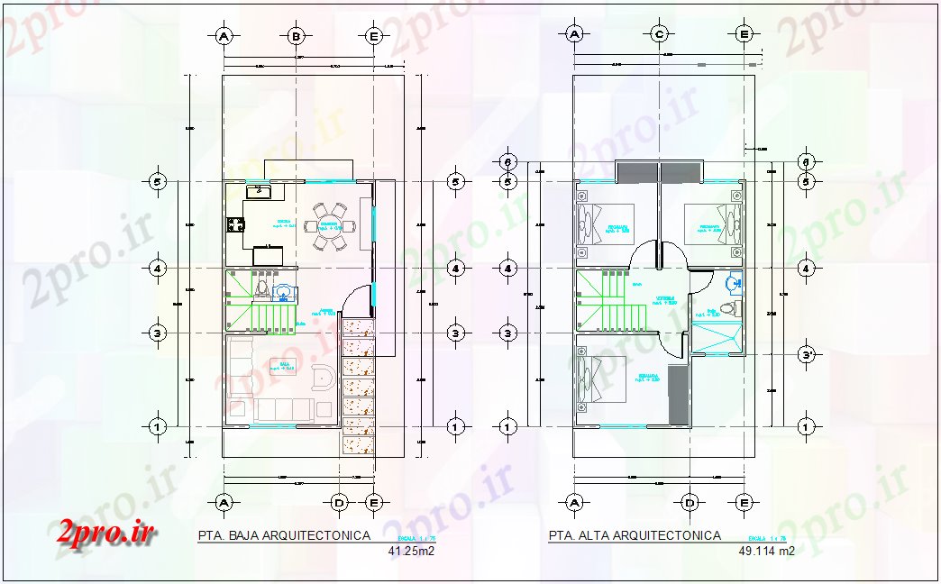 دانلود نقشه خانه های کوچک ، نگهبانی ، سازمانی - طرحی طبقه از خانه های ویلایی با نمای معماری 5 در 8 متر (کد76070)