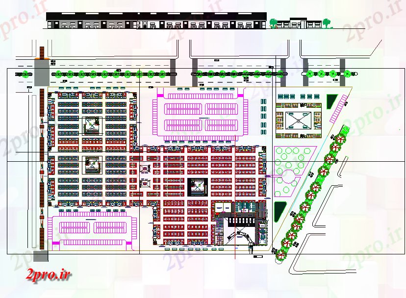 دانلود نقشه ساختمان اداری - تجاری - صنعتی محوطه سازی طرحی بازار 159 در 227 متر (کد76088)