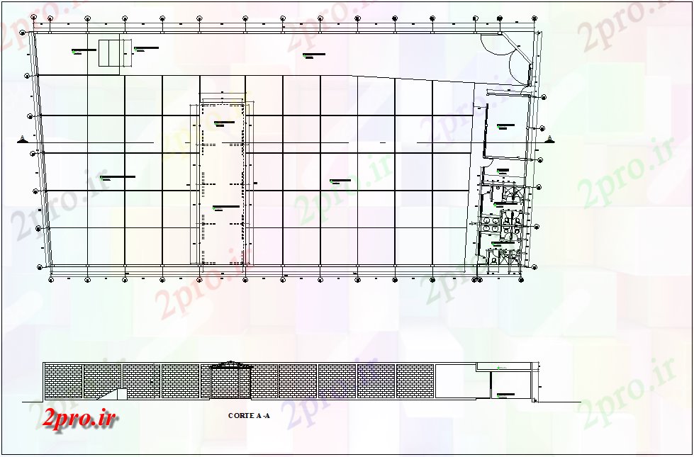 دانلود نقشه کارخانه صنعتی  ، کارگاه طرحی طبقه با نمای مقطعی برای بازیافت طرح (کد76090)