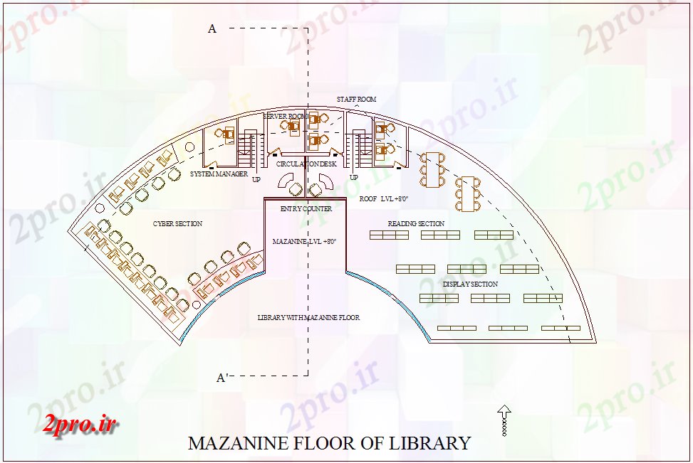 دانلود نقشه فضای داخلی آموزش طبقه اشکوب کوتاه از نظر کتابخانه از کولاژ معماری با نمای داخلی (کد76113)