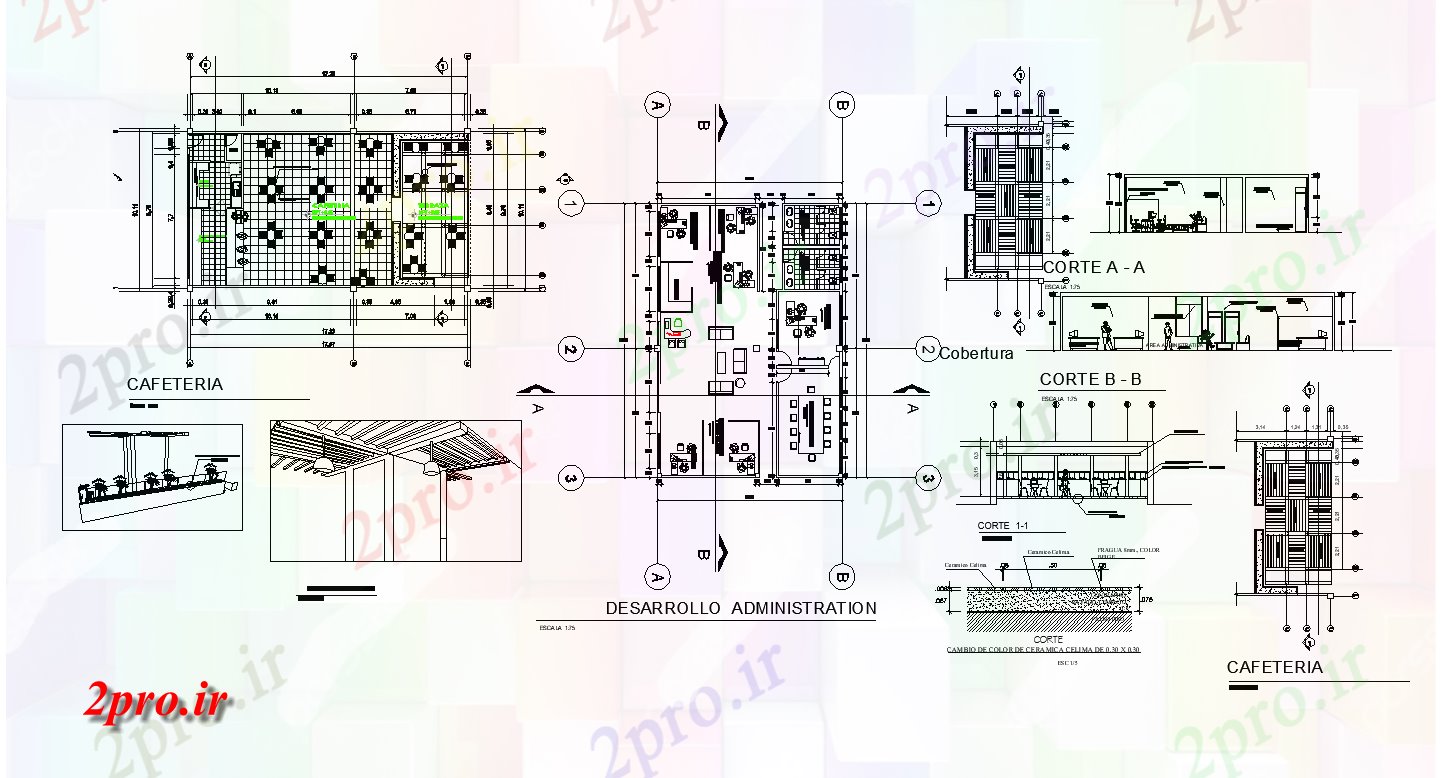 دانلود نقشه ساختمان اداری - تجاری - صنعتی طرحی بخش ادارات کافه تریا و طراحی 11 در 17 متر (کد76129)
