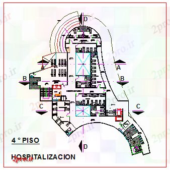 دانلود نقشه ساختمان اداری - تجاری - صنعتی طرحی طبقه چهارم از طرحی بیمارستان طور کامل تحت پوشش در ساختمان شرکت 48 در 59 متر (کد76178)
