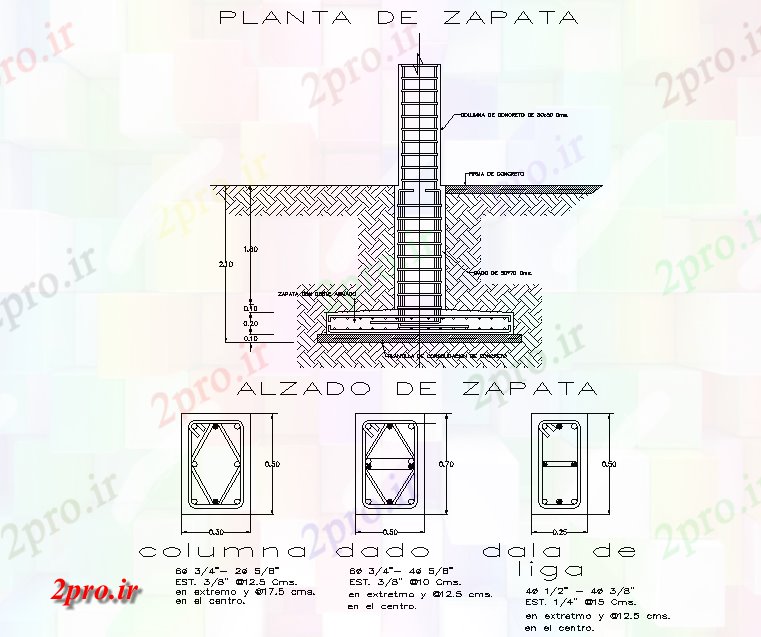 دانلود نقشه جزئیات ساخت و ساز بنیاد و بخش ستون  (کد76240)