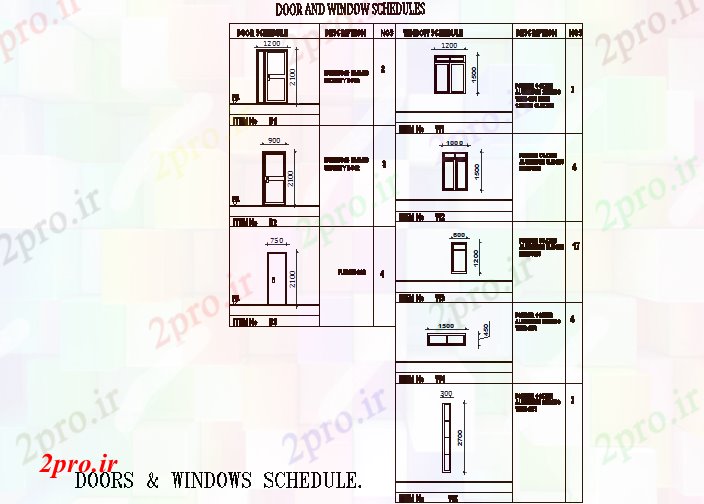 دانلود نقشه درب و پنجره درب و پنجره برنامه جزئیات (کد76274)