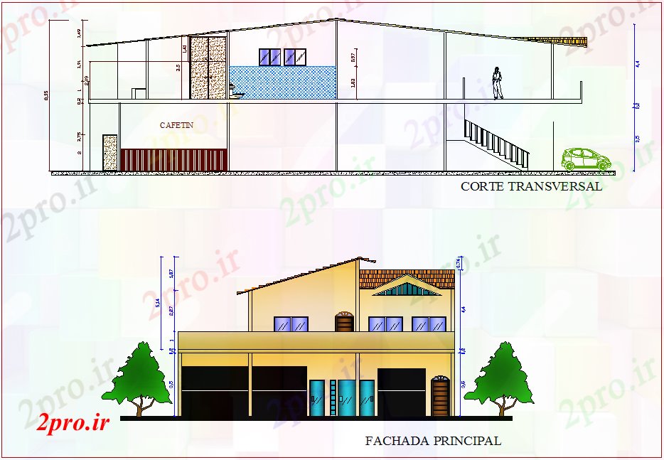 دانلود نقشه مسکونی ، ویلایی ، آپارتمان نما و بخش نظر برای خانه ساخت 14 در 27 متر (کد76307)