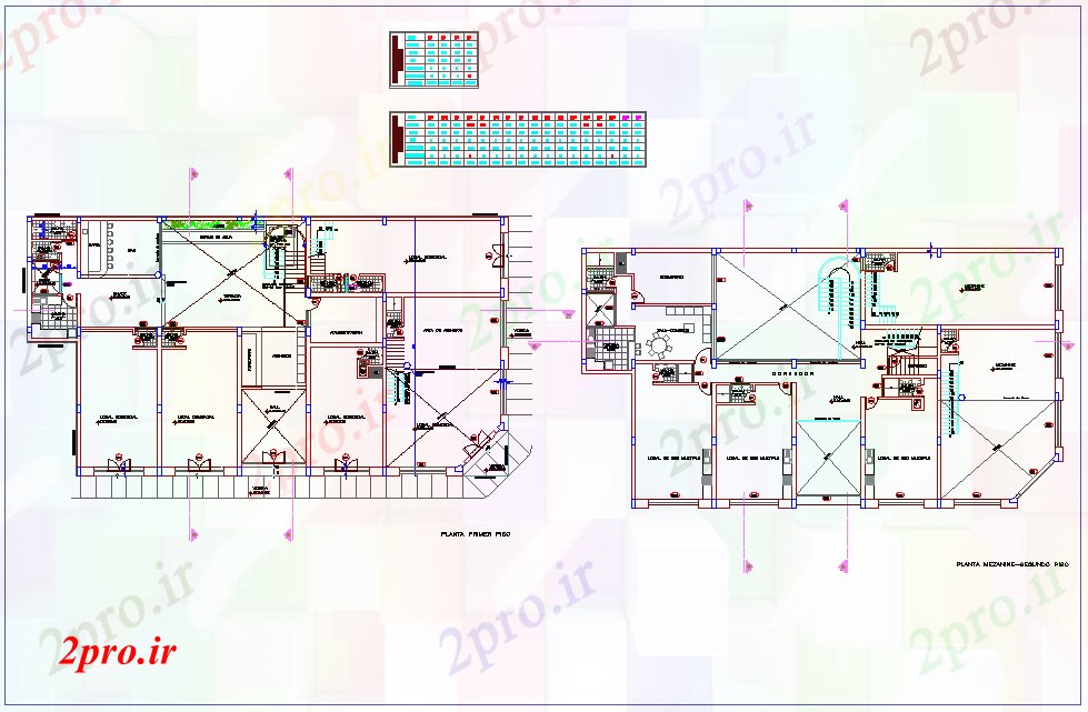 دانلود نقشه هایپر مارکت  - مرکز خرید - فروشگاه ساختمان تجاری با خرید منطقه اول و پلان طبقه دوم (کد76357)