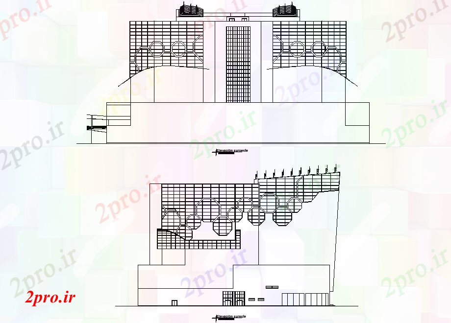 دانلود نقشه ساختمان اداری - تجاری - صنعتی جزئیات نما برج تجاری 80 در 110 متر (کد76434)