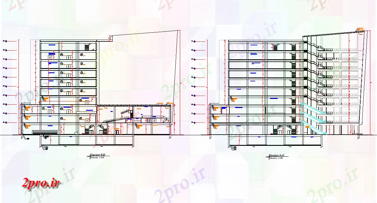 دانلود نقشه ساختمان اداری - تجاری - صنعتی بخش برج تجاری 80 در 110 متر (کد76435)