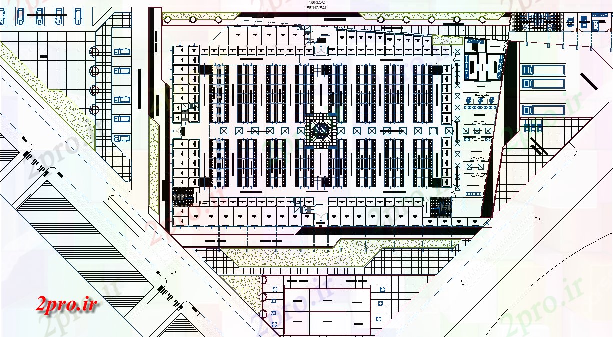 دانلود نقشه ساختمان اداری - تجاری - صنعتی طرحی بندی طرحی بازار 43 در 96 متر (کد76470)