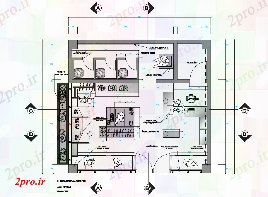 دانلود نقشه ساختمان اداری - تجاری - صنعتی طرحی فروشگاه تجاری 7 در 8 متر (کد76536)