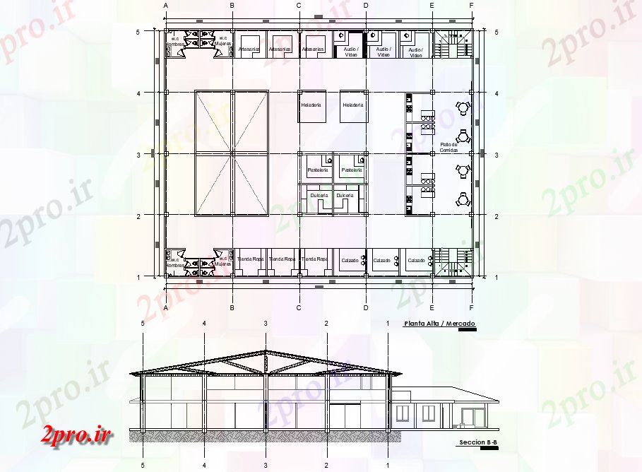 دانلود نقشه ساختمان اداری - تجاری - صنعتی برنامه و بخش بازار مواد غذایی طرحی به 26 در 68 متر (کد76551)