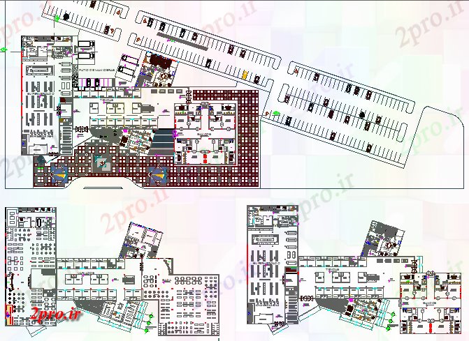 دانلود نقشه هایپر مارکت  - مرکز خرید - فروشگاه چند طبقه مرکز خرید زمین، اول و بالای طرحی طبقه جزئیات  (کد76608)