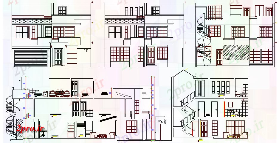 دانلود نقشه خانه های کوچک ، نگهبانی ، سازمانی - سه طبقه یک خانواده نما خانههای ویلایی و فرم جزئیات 10 در 27 متر (کد76614)