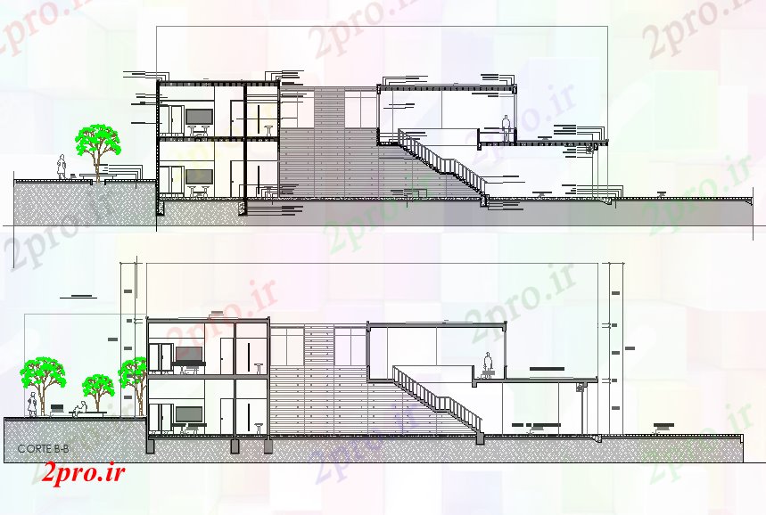 دانلود نقشه ساختمان اداری - تجاری - صنعتی نما از بازار در طرحی بتن جزئیات 32 در 33 متر (کد76626)