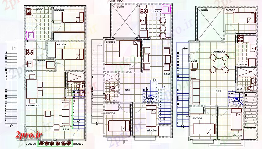 دانلود نقشه خانه های کوچک ، نگهبانی ، سازمانی - زمین، اول و بالای طرحی طبقه از سه کفپوش ویلا (کد76627)