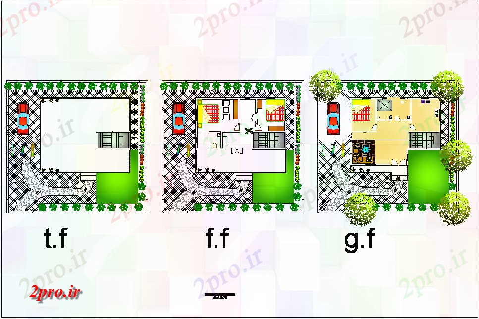 دانلود نقشه خانه های کوچک ، نگهبانی ، سازمانی - طرحی طبقه از نظر چشم انداز از خانه های ویلایی 9 در 15 متر (کد76630)