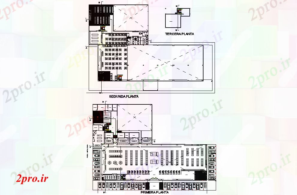 دانلود نقشه ساختمان اداری - تجاری - صنعتی طبقه اول و دوم طبقه سوپرمارکت جزئیات 50 در 75 متر (کد76641)
