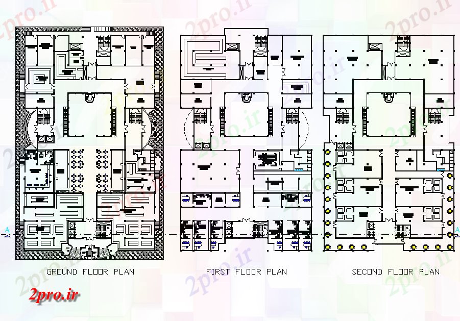 دانلود نقشه هایپر مارکت - مرکز خرید - فروشگاه طبقه همکف به طبقه دوم مرکز خرید جزئیات 46 در 76 متر (کد76669)