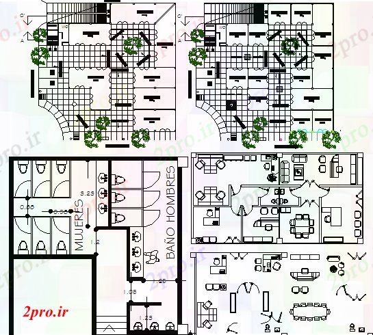دانلود نقشه ساختمان اداری - تجاری - صنعتی محوطه سازی ساختمان اداری شرکت، طرحی و امکانات بهداشتی 48 در 48 متر (کد76825)